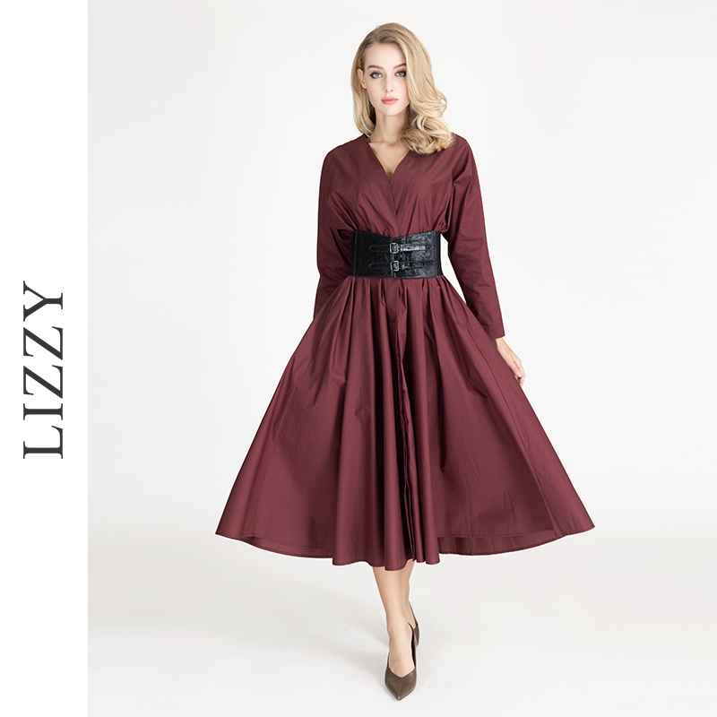 LIZZY早秋复古宫廷风安哥拉红V领大摆长袖连衣裙配腰带