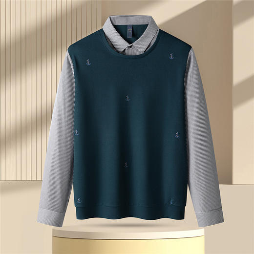 【肌理提花】罗蒙男士经典假两件衬衫领百搭时尚舒适休闲针织衫男条纹衬衫 商品图2