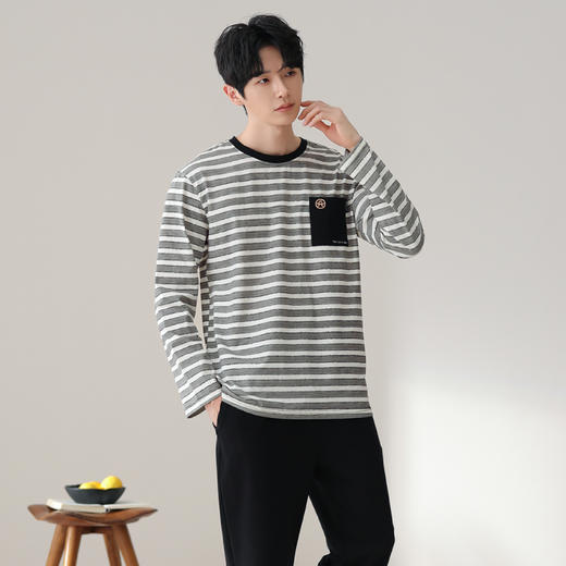 芬腾睡衣套装男士纯春秋款圆领条纹男生男款青年长袖可外穿家居服 商品图2