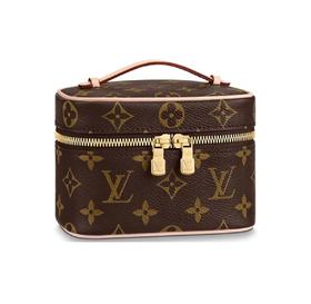 LOUIS VUITTON NICE NANO 经典老花拉链开合 涂层帆布拼牛皮革饰边 收纳包化妆手提包 超迷你 女款 棕色
