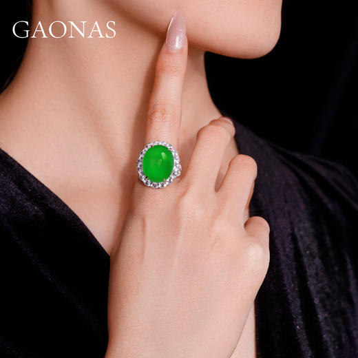 GAONAS 925银合成锆石戒指 露华浓 中式经典绿色蛋面戒指 10261JG 商品图4