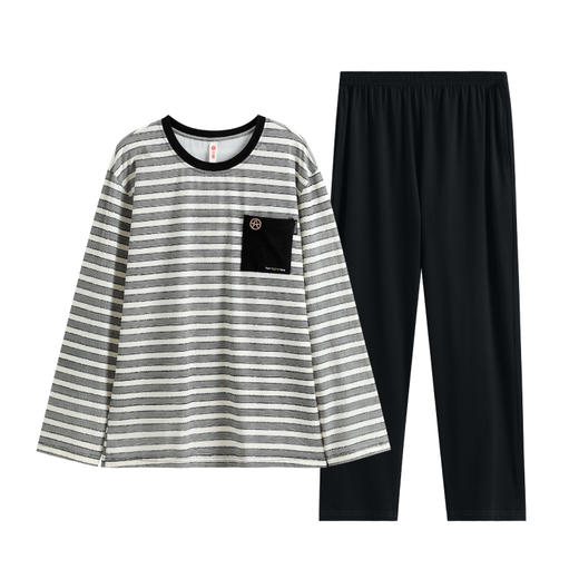 芬腾睡衣套装男士纯春秋款圆领条纹男生男款青年长袖可外穿家居服 商品图4
