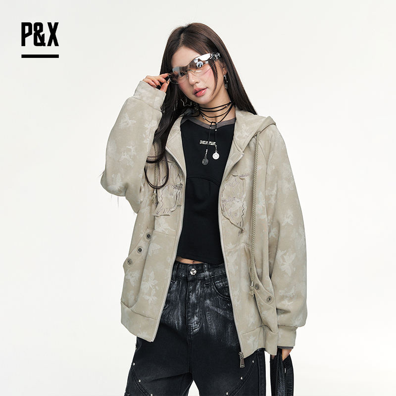 P&X设计师女装 蝴蝶贴布设计针织短款外套宽松连帽825113131 浅绿