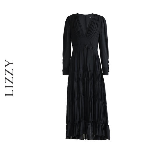 LIZZY早秋优雅文艺精致V领收腰大摆小黑裙长袖连衣裙配腰带 商品图4