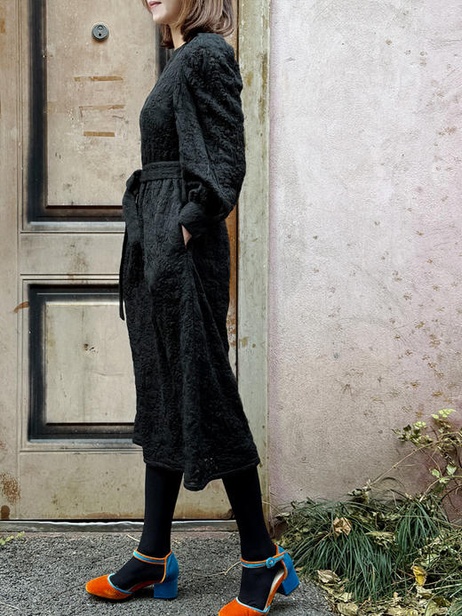 TYNVIE 提花泡泡袖中长连衣裙 - 黑色 商品图5