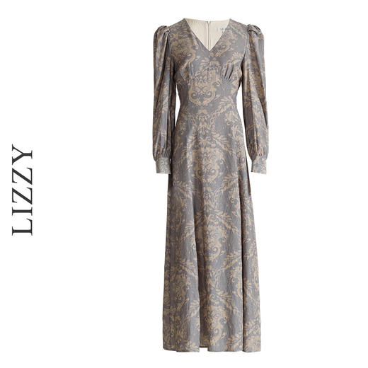 LIZZY早秋古典雅致宫廷风V领印花长款气质连衣裙 商品图4