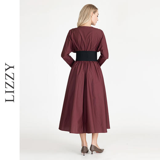 LIZZY早秋复古宫廷风安哥拉红V领大摆长袖连衣裙配腰带 商品图3