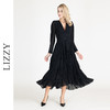 LIZZY早秋优雅文艺精致V领收腰大摆小黑裙长袖连衣裙配腰带 商品缩略图0