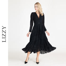 LIZZY早秋优雅文艺精致V领收腰大摆小黑裙长袖连衣裙配腰带