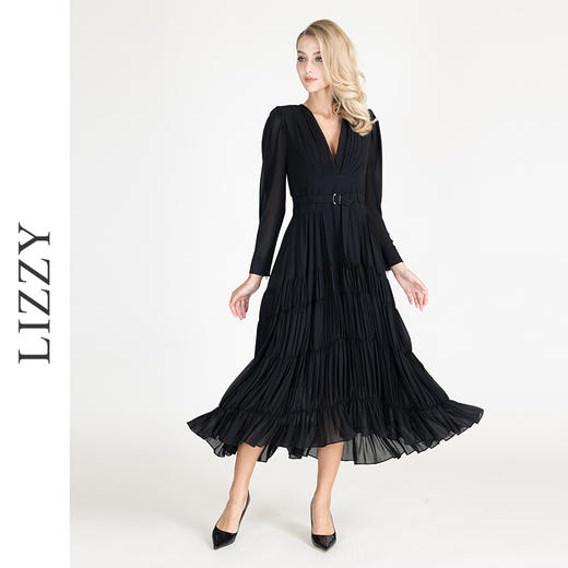 LIZZY早秋优雅文艺精致V领收腰大摆小黑裙长袖连衣裙配腰带 商品图0