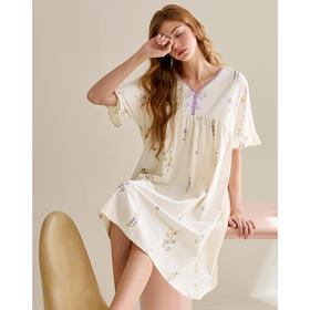 芬腾睡裙女纯棉短袖睡衣裙春夏季新款宽松休闲大码全棉家居服中裙