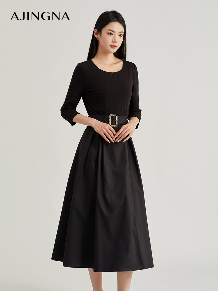 【积分兑换】阿菁娜法式圆领高腰拼接设计连衣裙A28Q112027