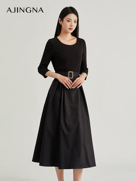 【积分兑换】阿菁娜法式圆领高腰拼接设计连衣裙A28Q112027