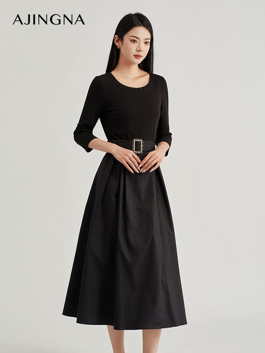 【积分兑换】阿菁娜法式圆领高腰拼接设计连衣裙A28Q112027 商品图0