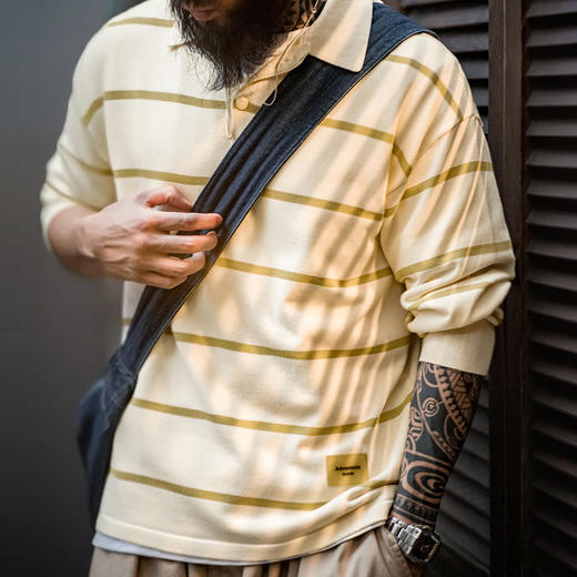 工装优选美式休闲条纹针织polo衫撞色翻领半开襟宽松长袖T恤男春 商品图0