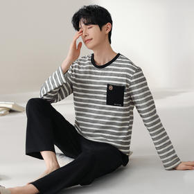 芬腾睡衣套装男士纯春秋款圆领条纹男生男款青年长袖可外穿家居服