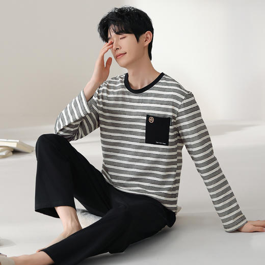 芬腾睡衣套装男士纯春秋款圆领条纹男生男款青年长袖可外穿家居服 商品图0