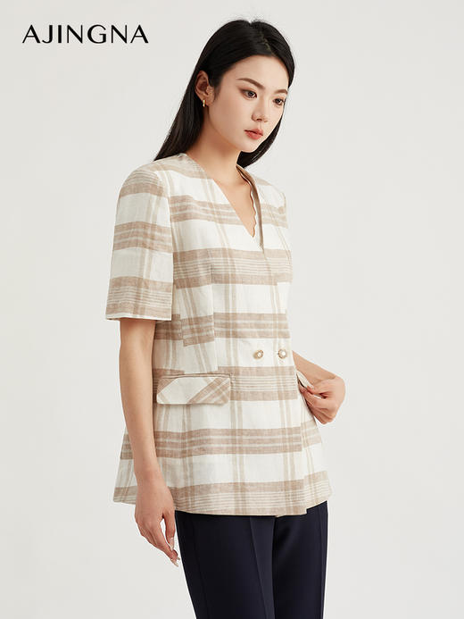 【商场同款】阿菁娜经典翻驳领格子亚麻西服外套A29X108039 商品图1