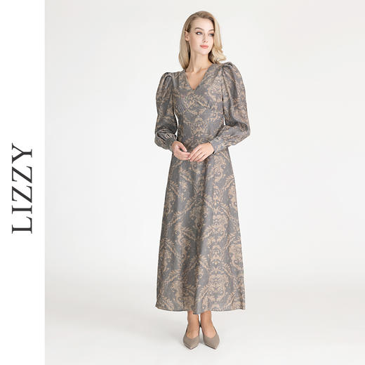 LIZZY早秋古典雅致宫廷风V领印花长款气质连衣裙 商品图2