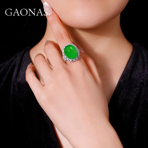 GAONAS 925银合成锆石戒指 露华浓 中式经典绿色蛋面戒指 10261JG 商品图3