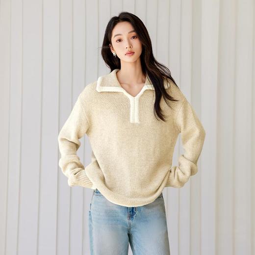 IC 100%绵羊毛撞色包边毛衣女2025新款气质休闲高级针织上衣 商品图2
