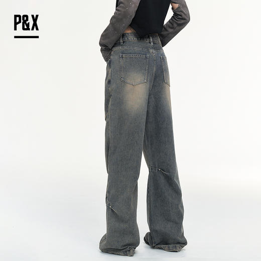 P&X设计师女装 美式潮流复古做旧牛仔裤宽松阔腿裤825110063 蓝色 商品图4