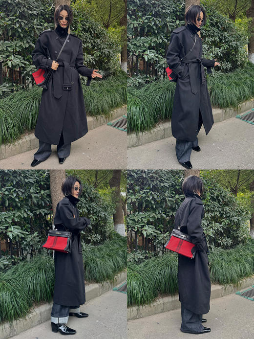 HIDEMI 节日系列进口羊麂皮拼接领极简设计感肩章宽肩大廓形可拆卸粗腰带军装感长款大衣 商品图1