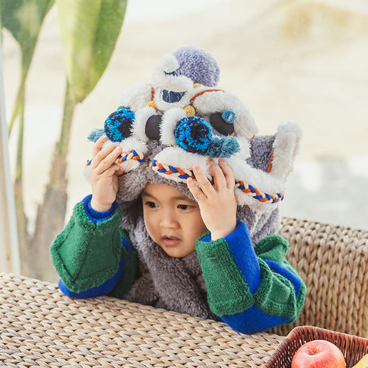 【1.21-2.6停发】芽小七原创国潮灰色醒狮冬季保暖帽子龙年醒狮帽儿童北方防风防冻 商品图2