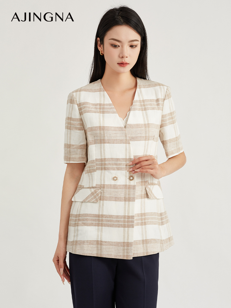 【踏青甄选价】阿菁娜经典翻驳领格子亚麻西服外套A29X108039