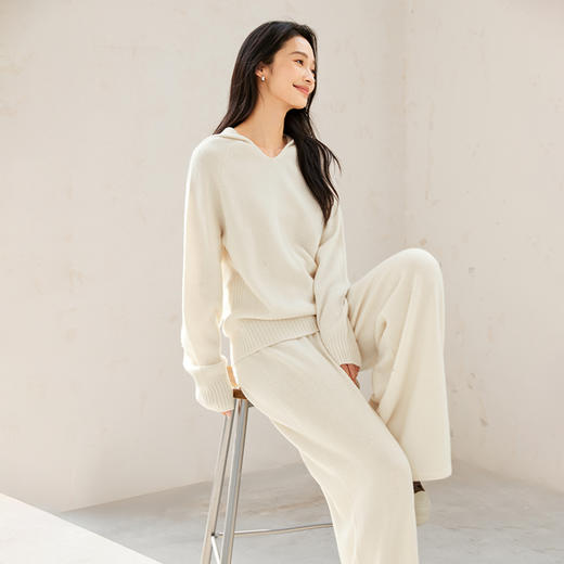 IC 秋冬休闲舒适通勤连帽羊毛针织衫长裤直筒裤套装 商品图4