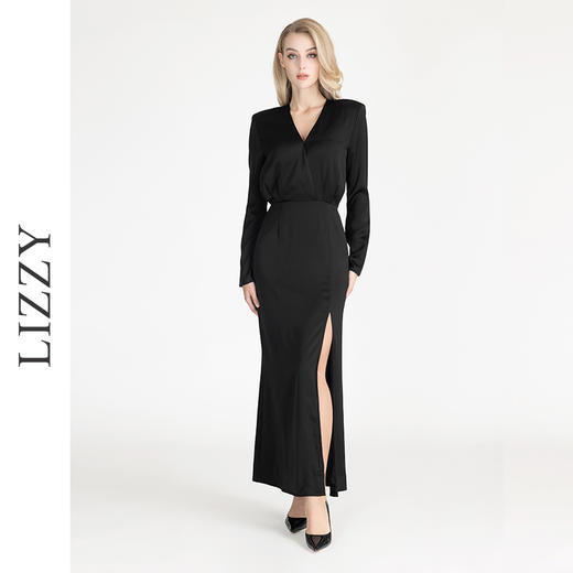 LIZZY早秋时尚简约修身开叉V领礼服小黑裙长袖连衣裙8094 商品图0