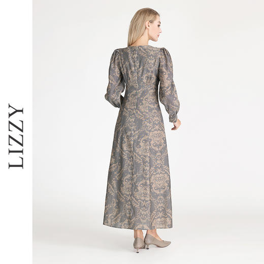 LIZZY早秋古典雅致宫廷风V领印花长款气质连衣裙 商品图3