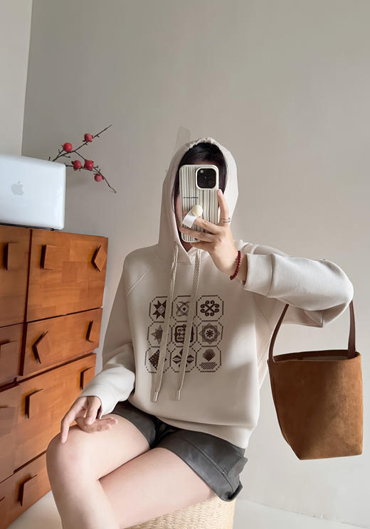 带帽前刺绣珠地空气层卫衣 9521020054 商品图3