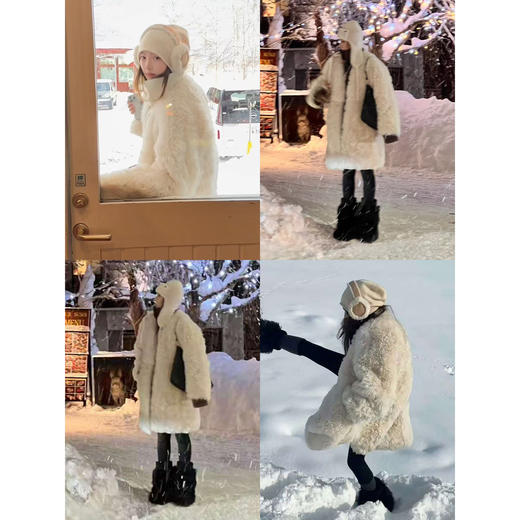 HIDEMI 节日系列进口羊羔毛小卷毛奶白色圆领大廓形皮毛一体中长款皮草大衣 商品图1