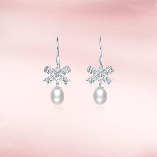 周六福淡水珍珠耳钉女蝴蝶结耳饰S925银优雅送女友送女友礼物 商品图4