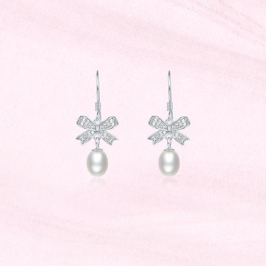 周六福淡水珍珠耳钉女蝴蝶结耳饰S925银优雅送女友送女友礼物 商品图2