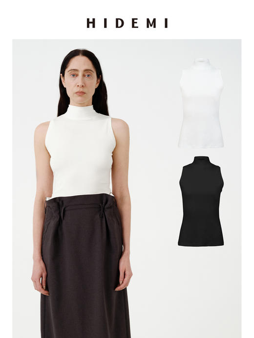 HIDEMI 极简小立领高弹力贴身无袖显瘦针织背心 黑色/白色 商品图0