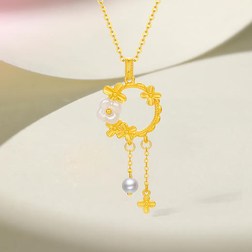 周六福5D硬金金镶玉吊坠流苏淡水珍珠女款十二花神送女友礼物 商品图2