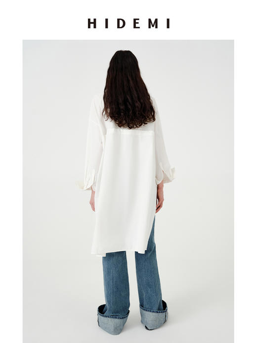 HIDEMI白色极简大廓形口袋长绒棉前短后长可拆卸宽松知识分子衬衫 商品图3