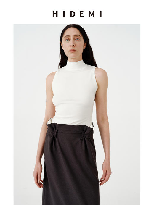 HIDEMI 极简小立领高弹力贴身无袖显瘦针织背心 黑色/白色 商品图10