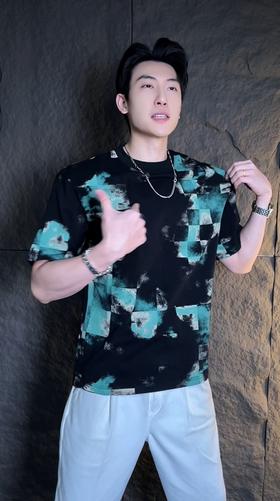 T1568夏季新款时尚做旧格子印染男士短袖百搭休闲上衣宽松小众T恤