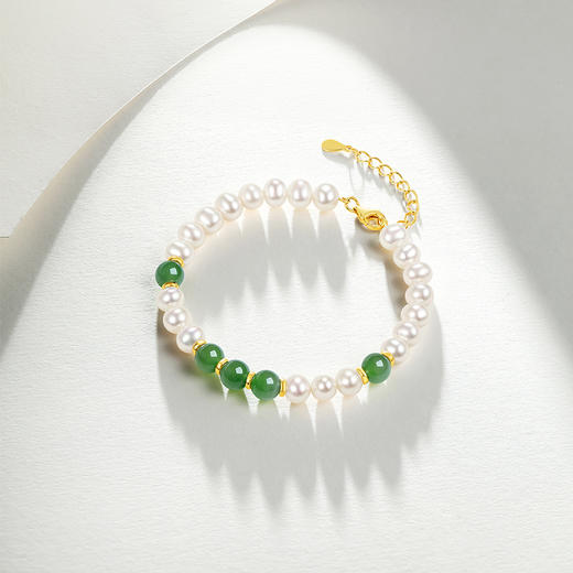 周六福淡水珍珠手链女S925银和田碧玉手饰优雅送女友送女友礼物 商品图3