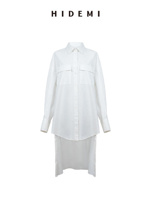 HIDEMI白色极简大廓形口袋长绒棉前短后长可拆卸宽松知识分子衬衫 商品图4