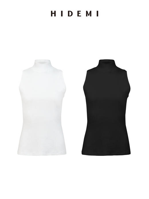 HIDEMI 极简小立领高弹力贴身无袖显瘦针织背心 黑色/白色 商品图11