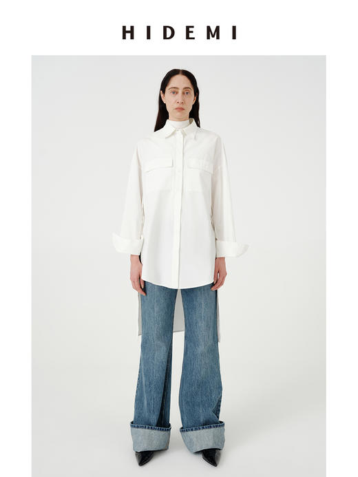 HIDEMI白色极简大廓形口袋长绒棉前短后长可拆卸宽松知识分子衬衫 商品图1