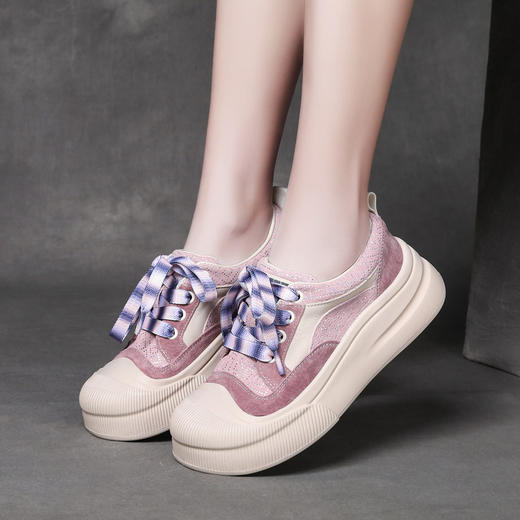 JS59695 25春季真皮休闲运动风彩色女鞋时尚拼色厚底贝壳头单鞋小白鞋 商品图0