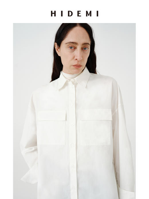 HIDEMI白色极简大廓形口袋长绒棉前短后长可拆卸宽松知识分子衬衫 商品图2