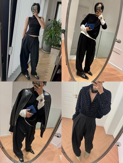 HIDEMI 节日系列极简不对称设计感色织银线细条纹压褶锥形西裤萝卜裤长裤 商品图1