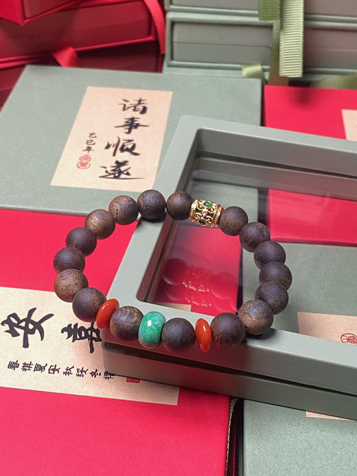 XY0082原创沉香DIY手串翡翠双南红18K金桶珠 商品图6