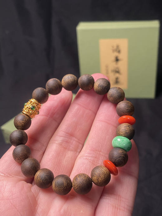 XY0082原创沉香DIY手串翡翠双南红18K金桶珠 商品图3